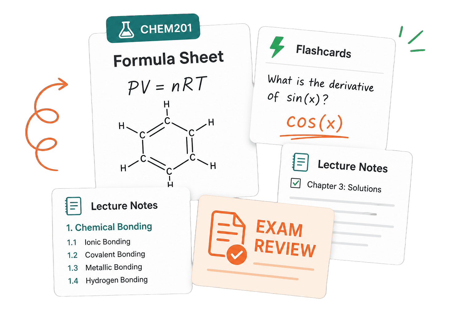 Gradeful study pack preview showing lecture notes, formula sheets, flashcards, and exam review